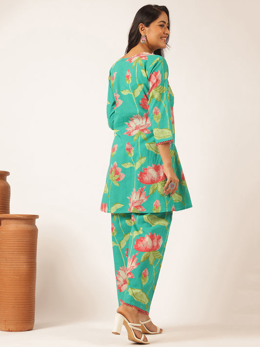 Turquoise Cotton Floral Printed Flared Co-Ord Set