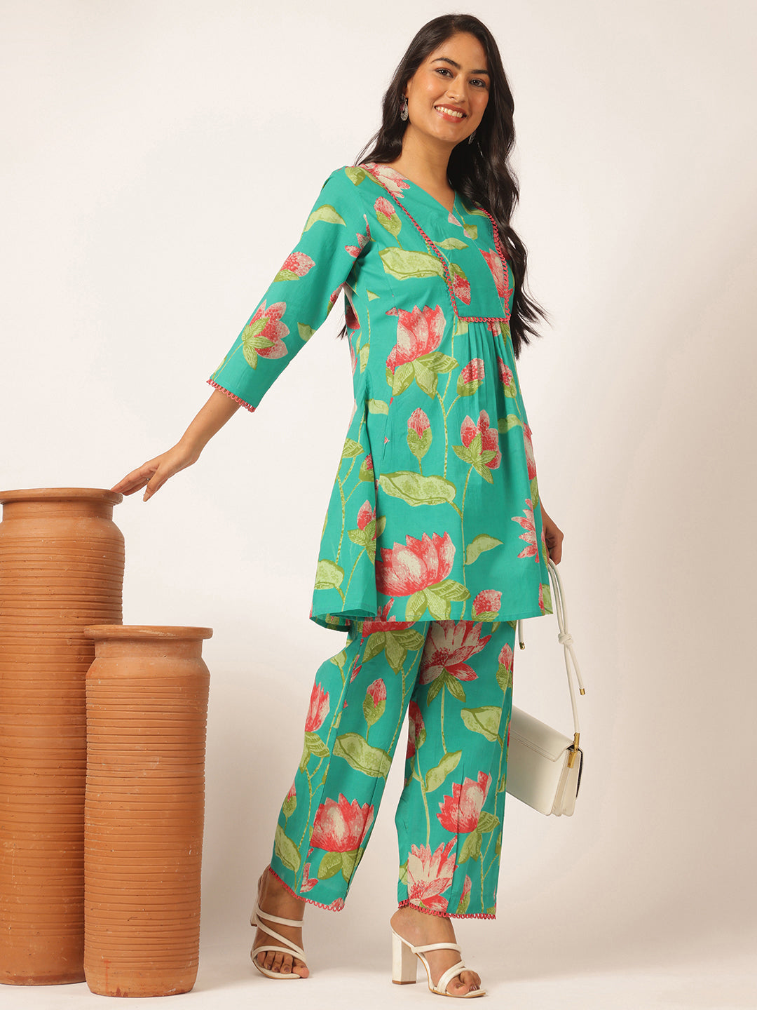 Turquoise Cotton Floral Printed Flared Co-Ord Set
