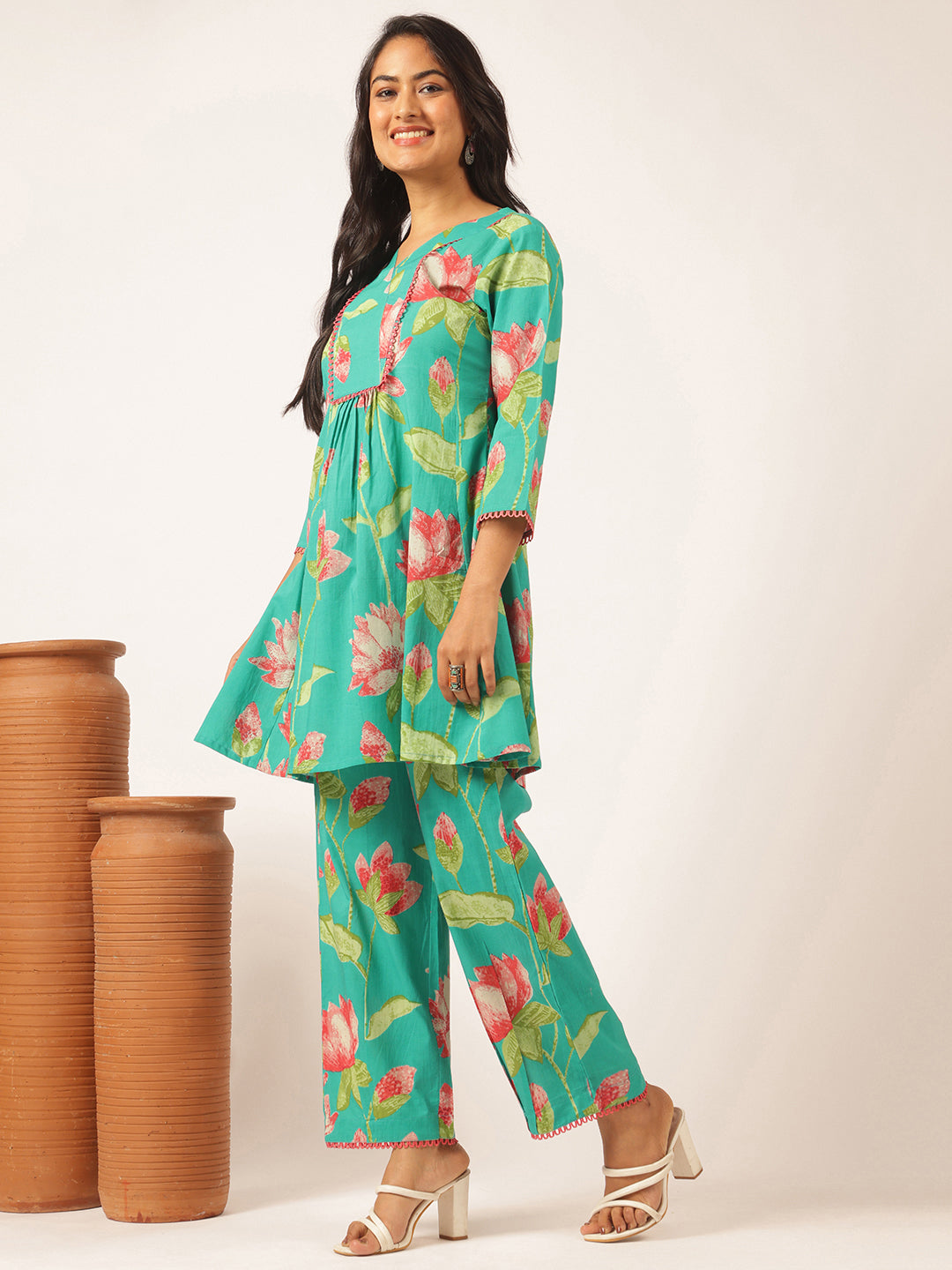 Turquoise Cotton Floral Printed Flared Co-Ord Set