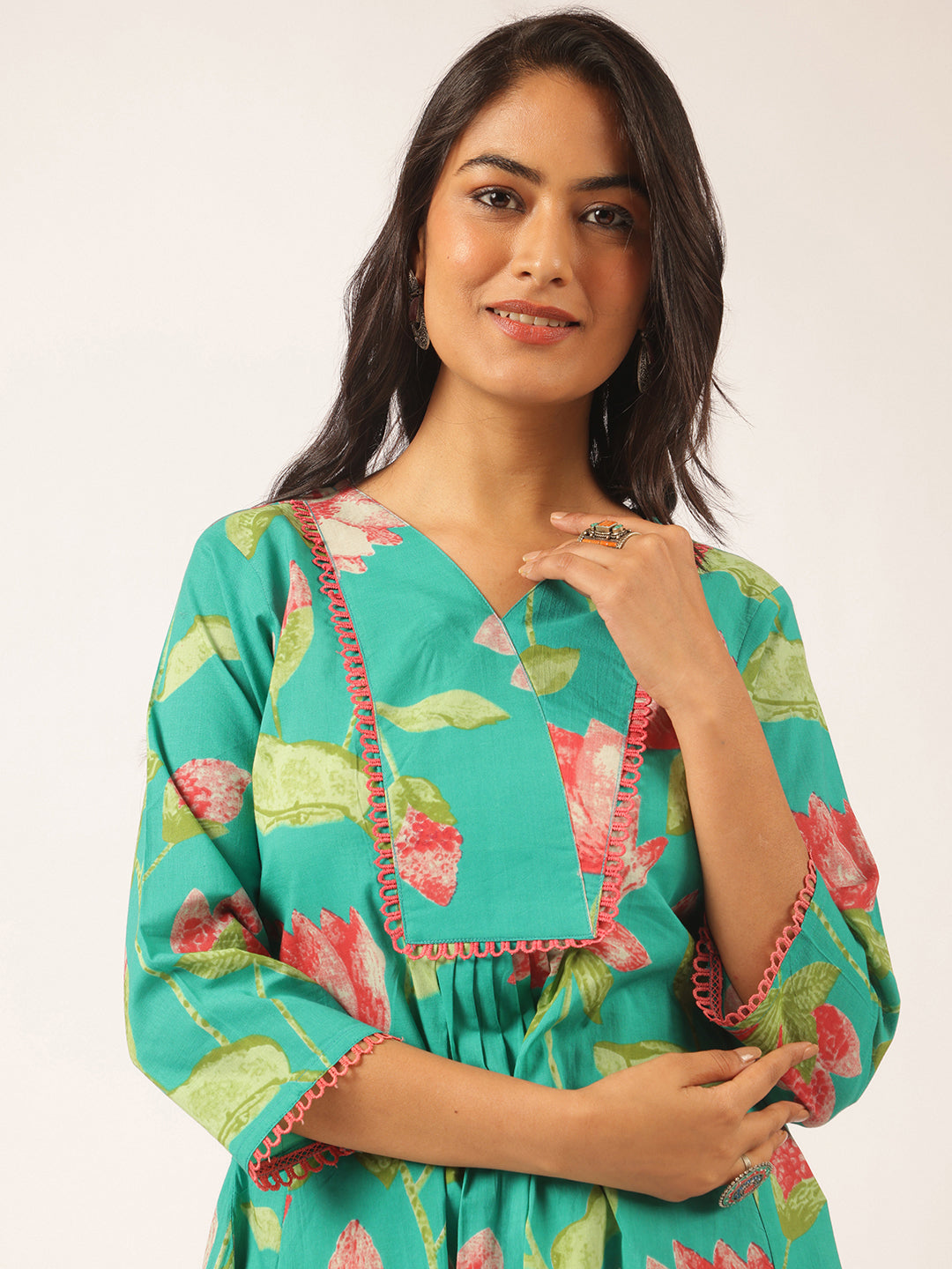 Turquoise Cotton Floral Printed Flared Co-Ord Set