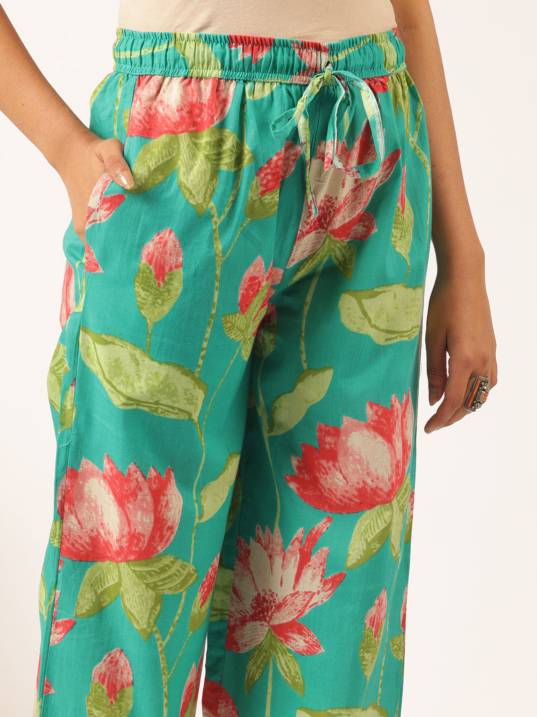 Turquoise Cotton Floral Printed Flared Co-Ord Set