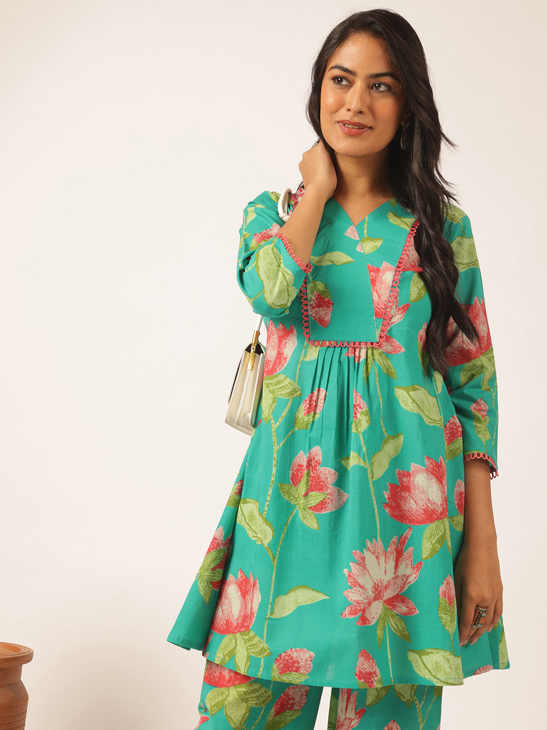 Turquoise Cotton Floral Printed Flared Co-Ord Set