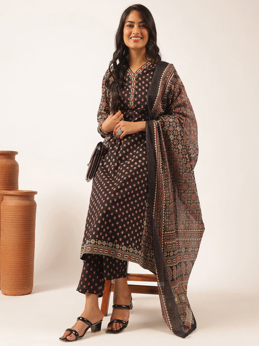 Black Cotton Floral Printed A-Line Kurta Set