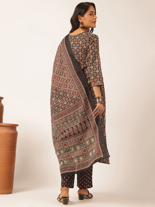 Black Cotton Floral Printed A-Line Kurta Set
