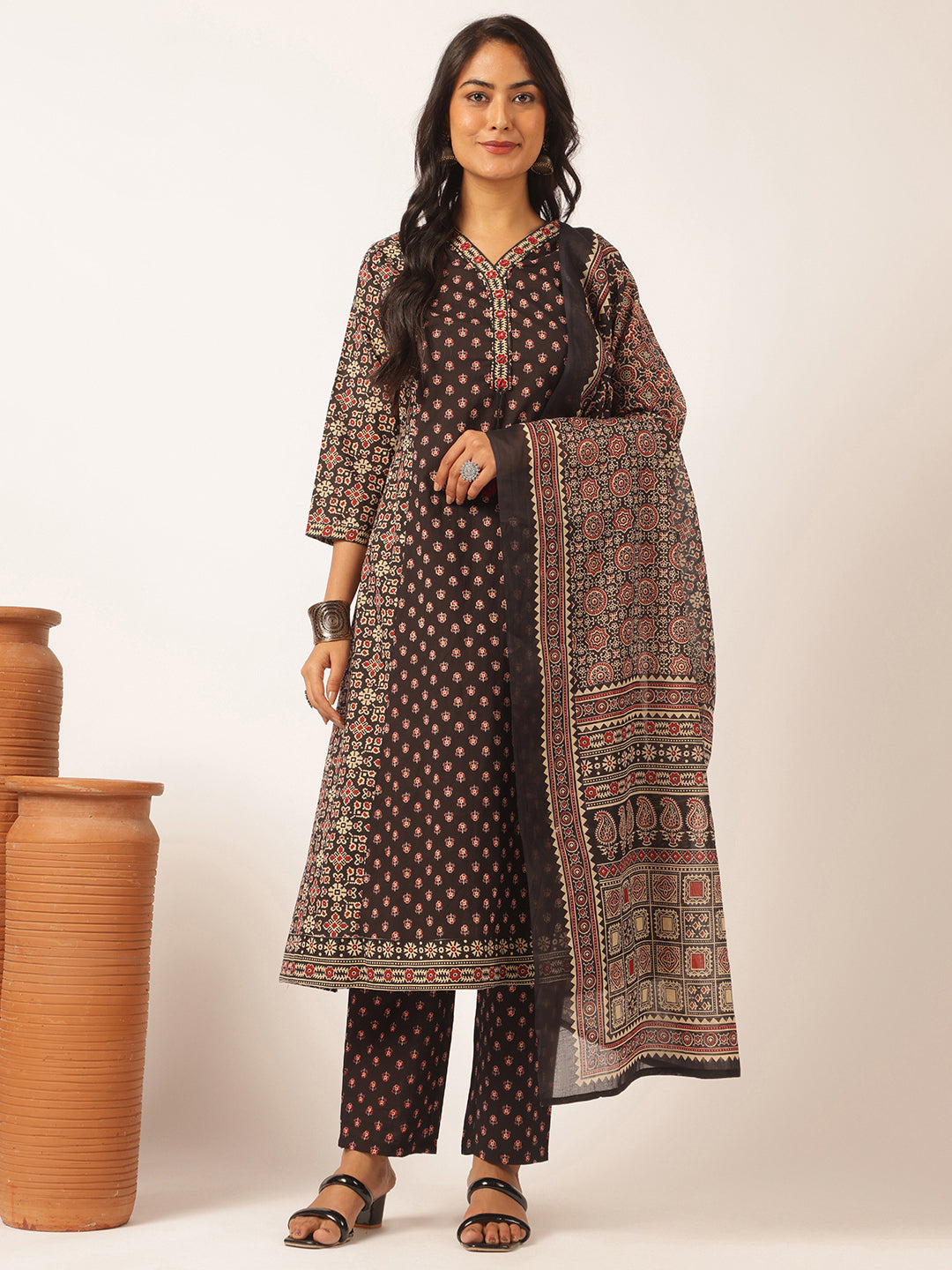 Black Cotton Floral Printed A-Line Kurta Set