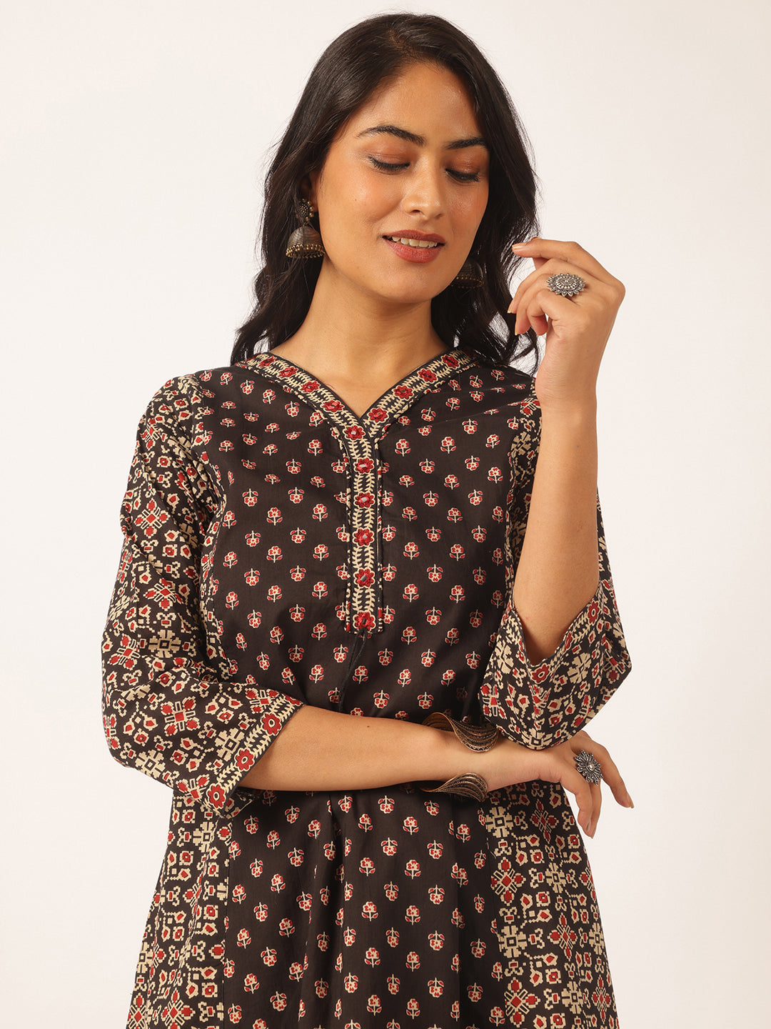 Black Cotton Floral Printed A-Line Kurta Set