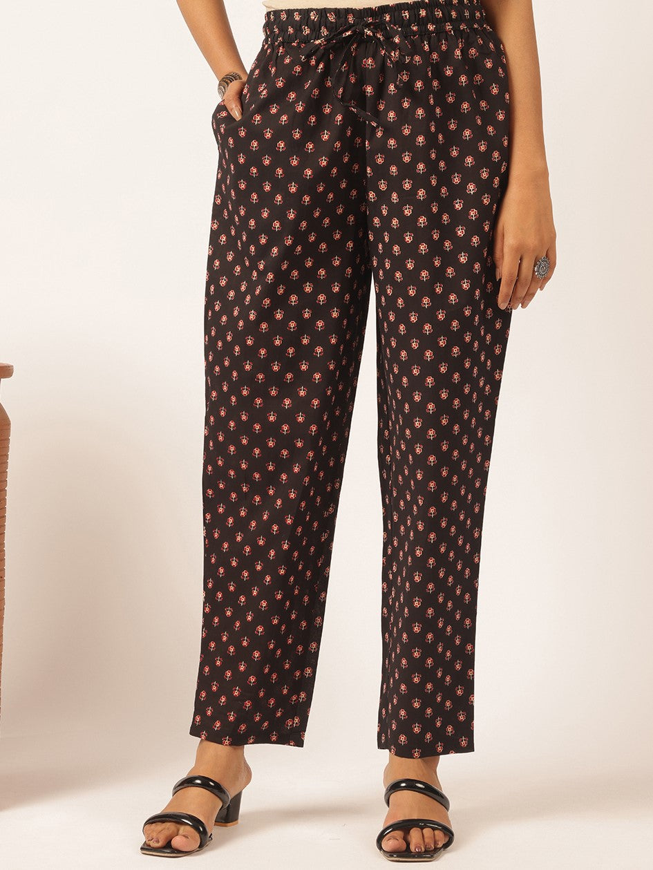 Black Cotton Floral Printed A-Line Kurta Set