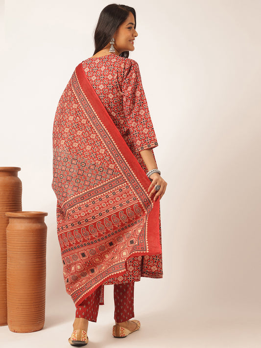 Maroon Cotton Floral Printed A-Line Kurta Set