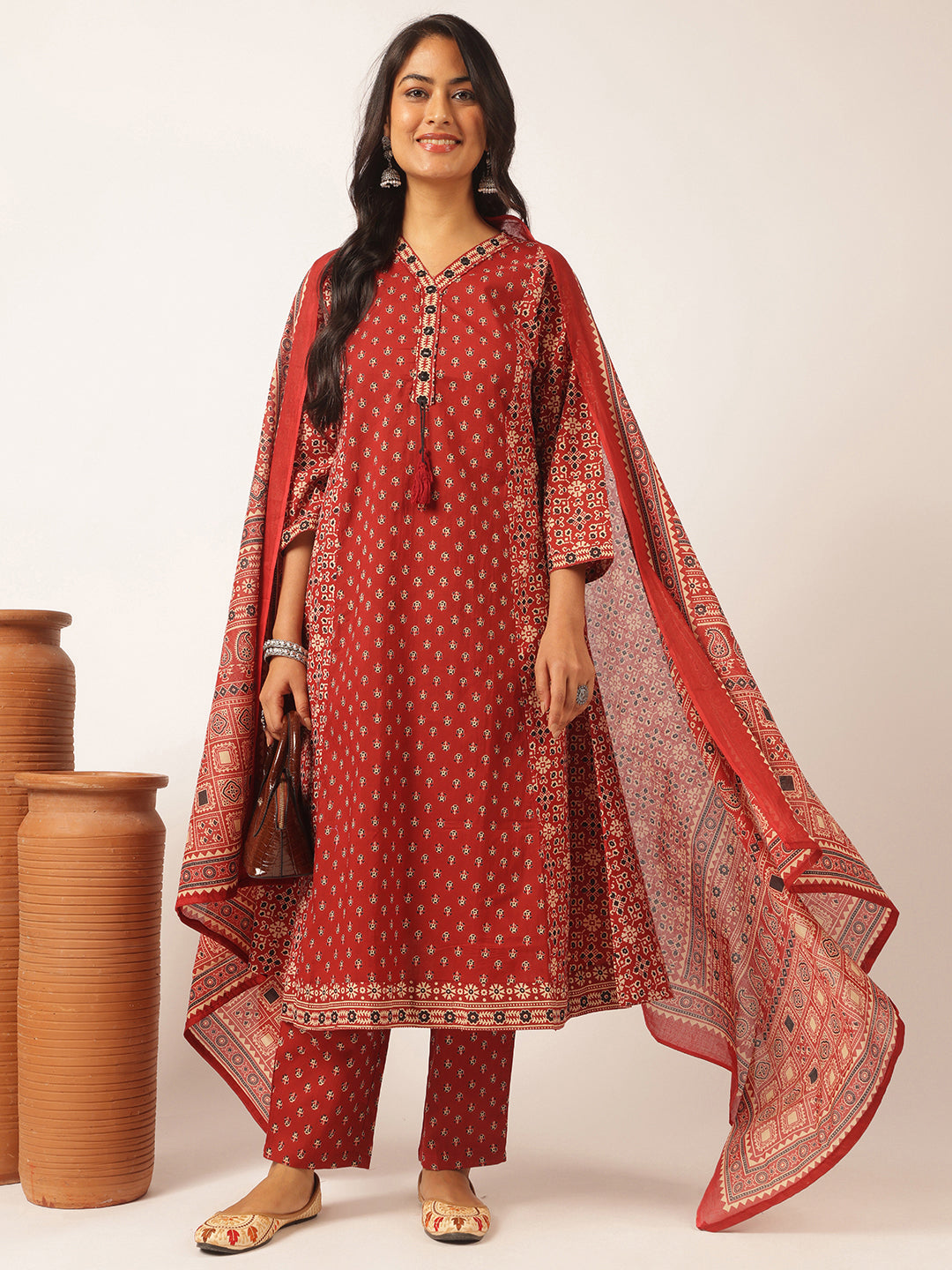 Maroon Cotton Floral Printed A-Line Kurta Set