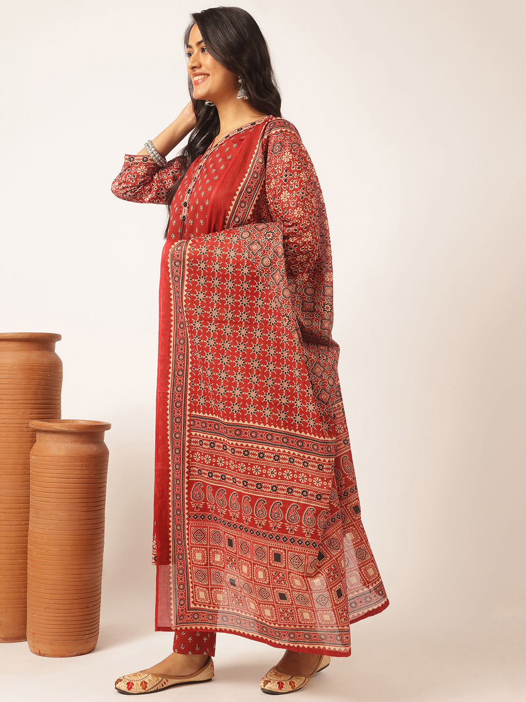 Maroon Cotton Floral Printed A-Line Kurta Set