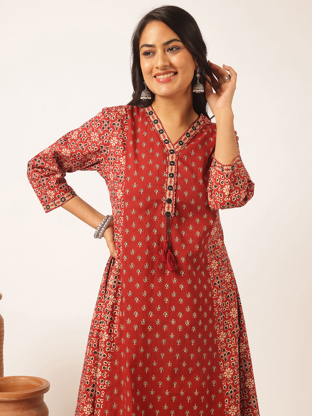 Maroon Cotton Floral Printed A-Line Kurta Set