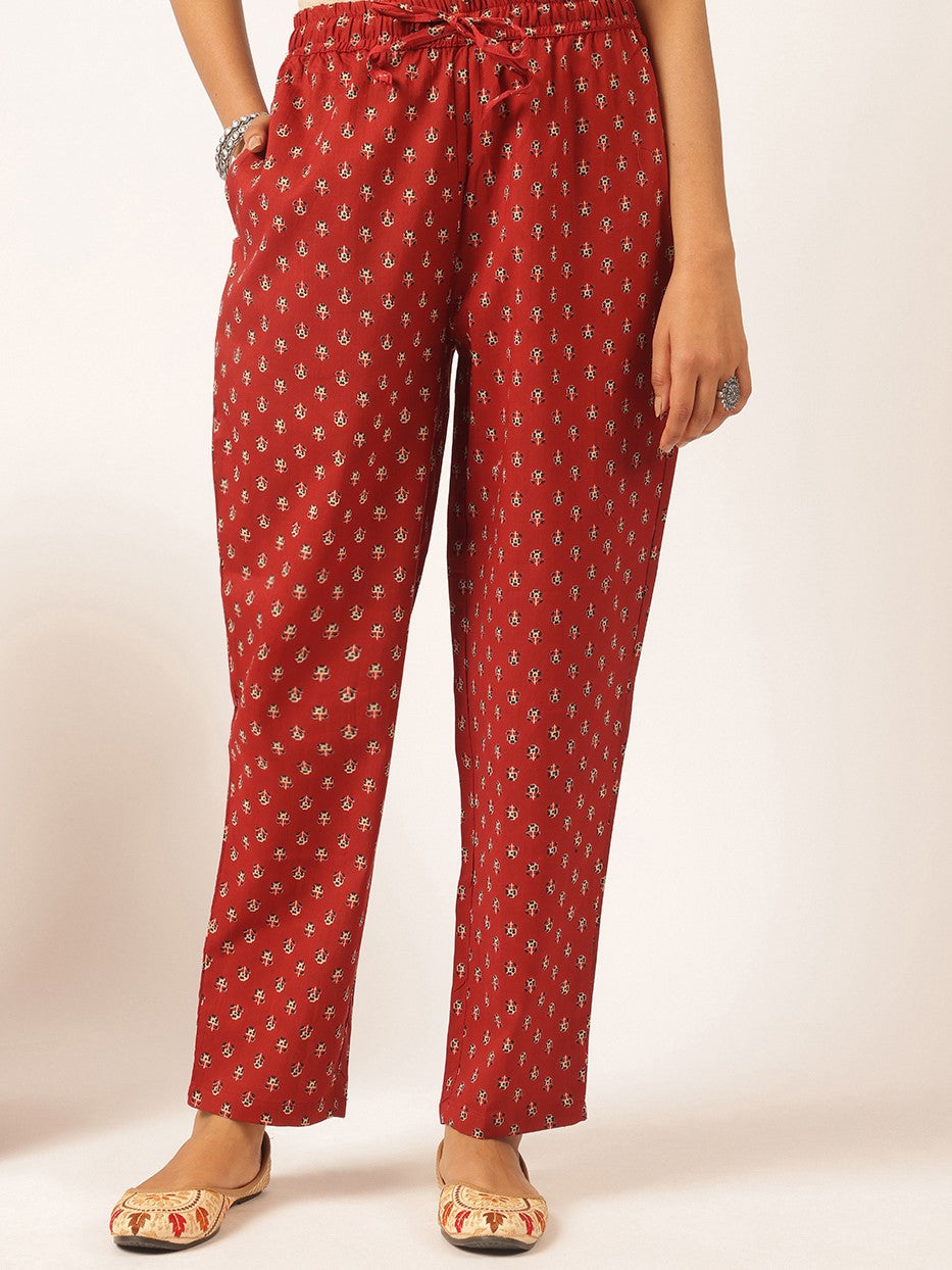 Maroon Cotton Floral Printed A-Line Kurta Set