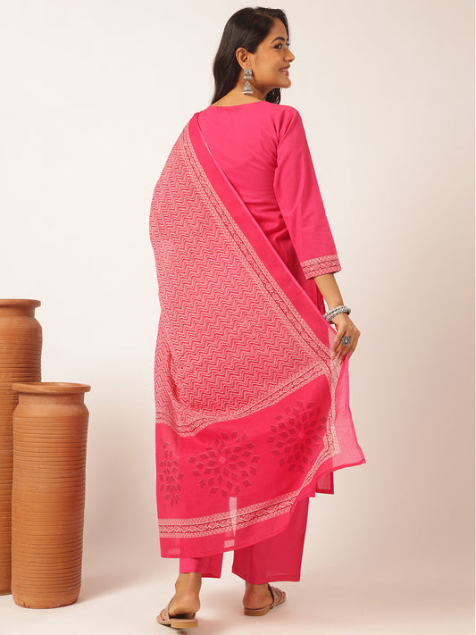 Pink Cotton Solid Straight Kurta Set