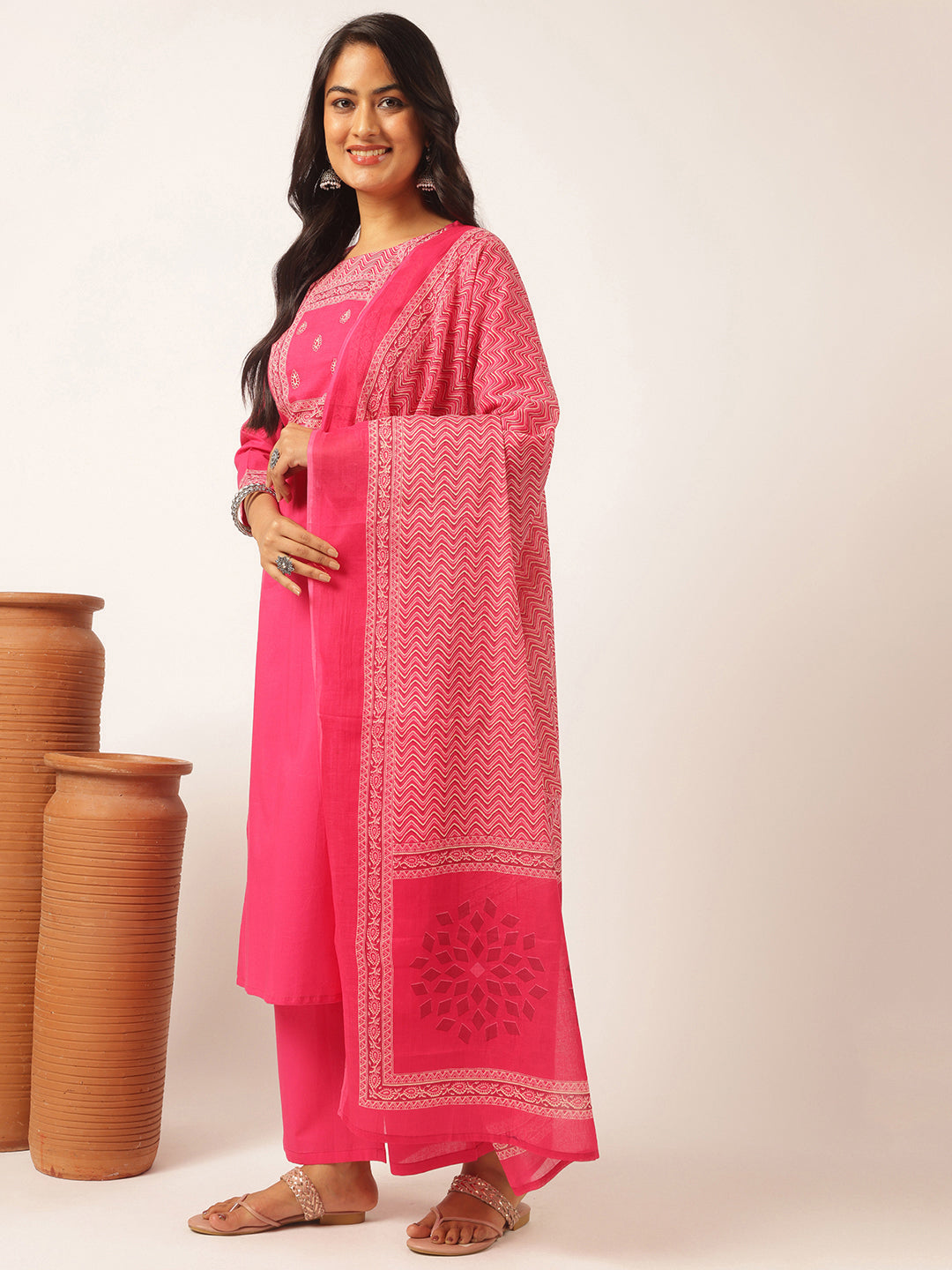 Pink Cotton Solid Straight Kurta Set