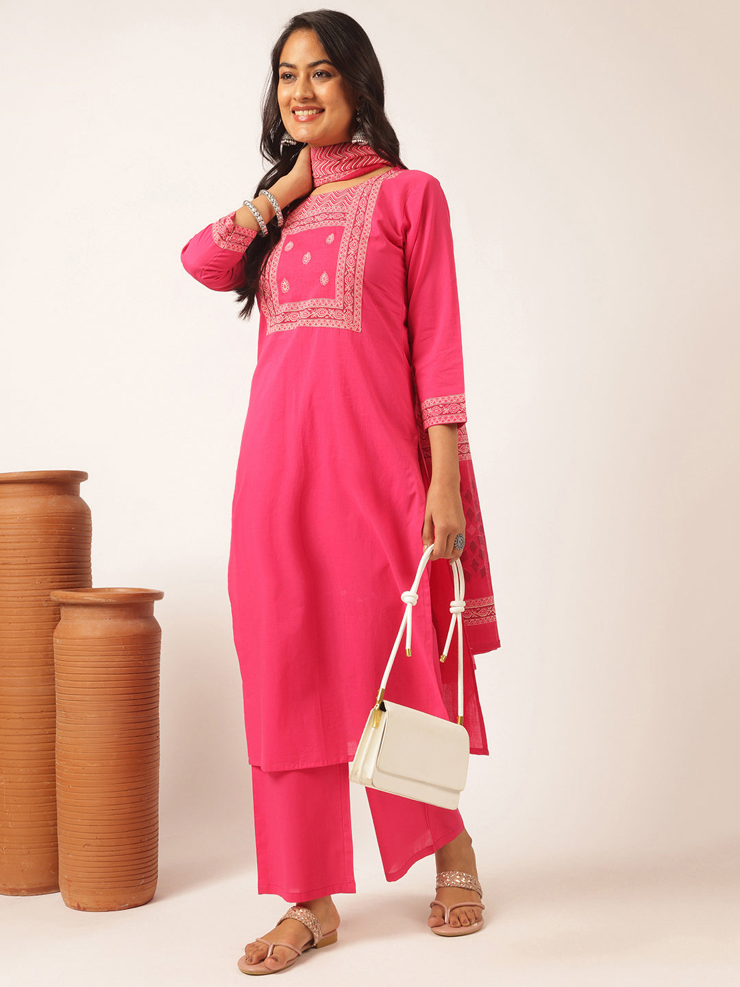 Pink Cotton Solid Straight Kurta Set