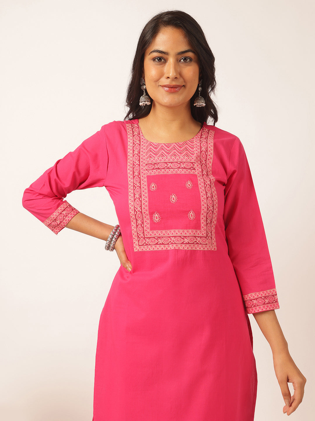Pink Cotton Solid Straight Kurta Set