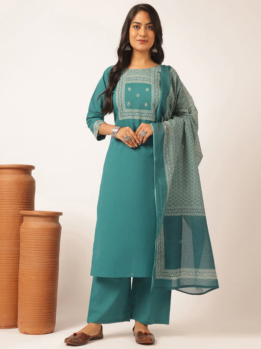 Teal Cotton Solid Straight Kurta Set