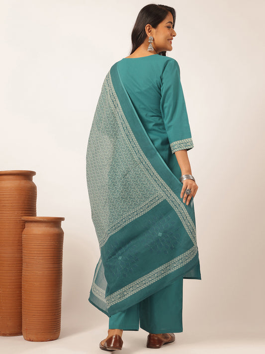Teal Cotton Solid Straight Kurta Set