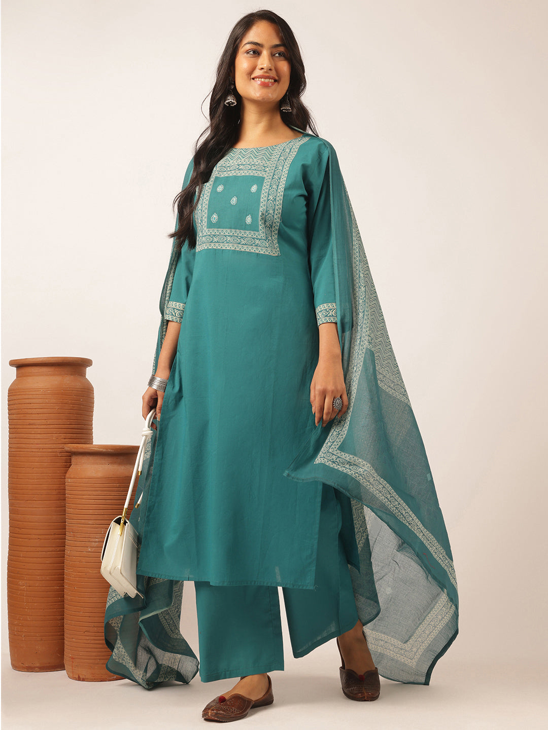Teal Cotton Solid Straight Kurta Set