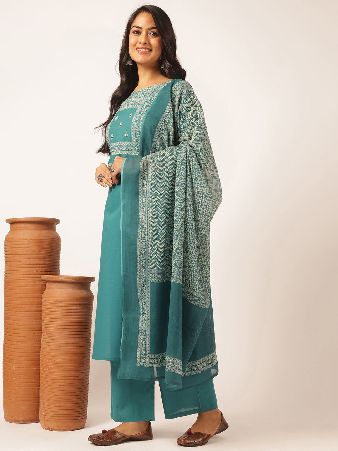 Teal Cotton Solid Straight Kurta Set