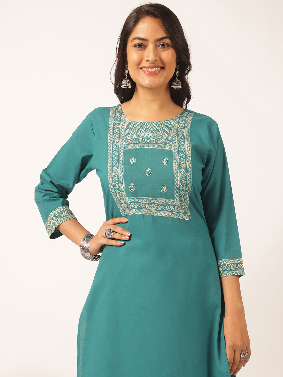 Teal Cotton Solid Straight Kurta Set