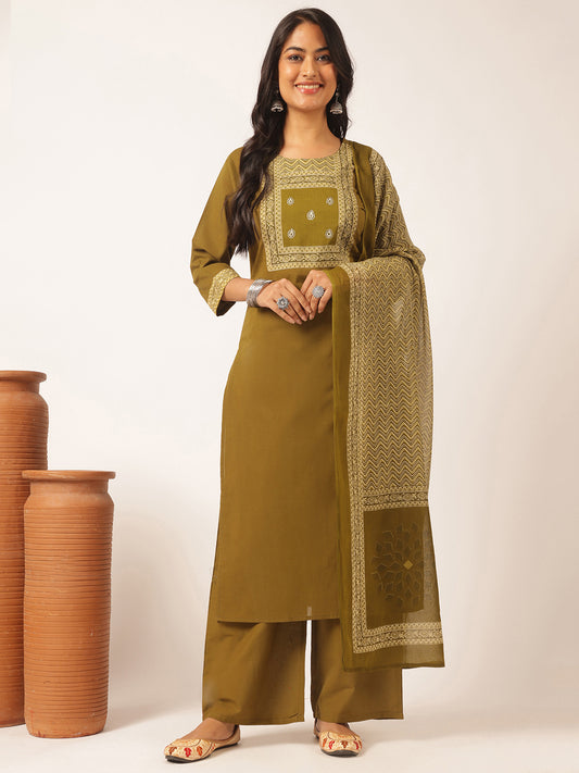 Mehendi Green Cotton Solid Straight Kurta Set