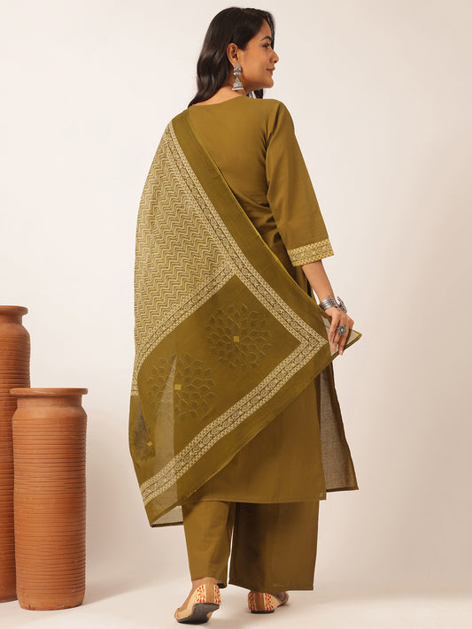Mehendi Green Cotton Solid Straight Kurta Set