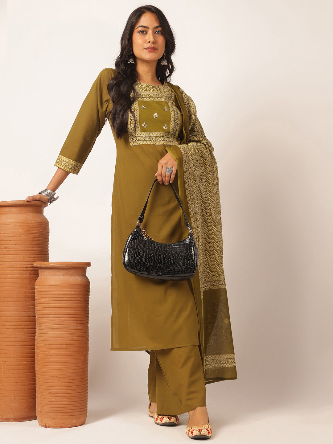 Mehendi Green Cotton Solid Straight Kurta Set