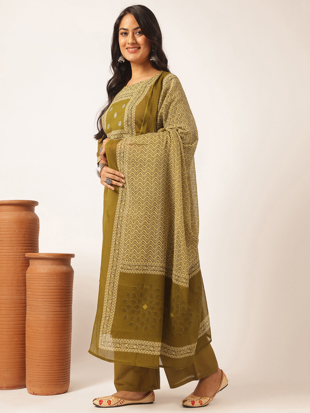 Mehendi Green Cotton Solid Straight Kurta Set
