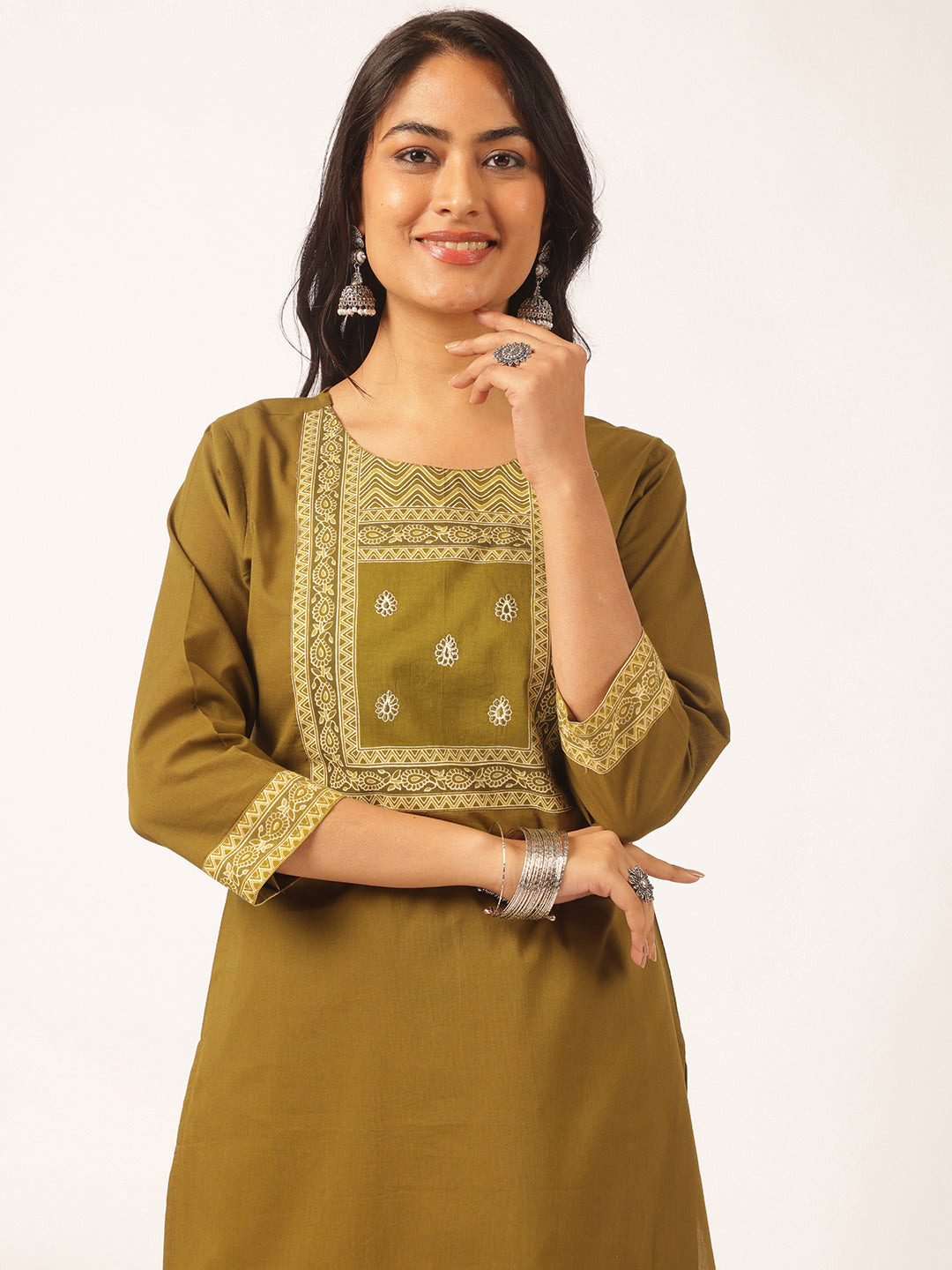 Mehendi Green Cotton Solid Straight Kurta Set