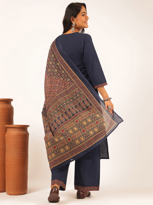 Navy Blue Cotton Solid Straight Kurta Set