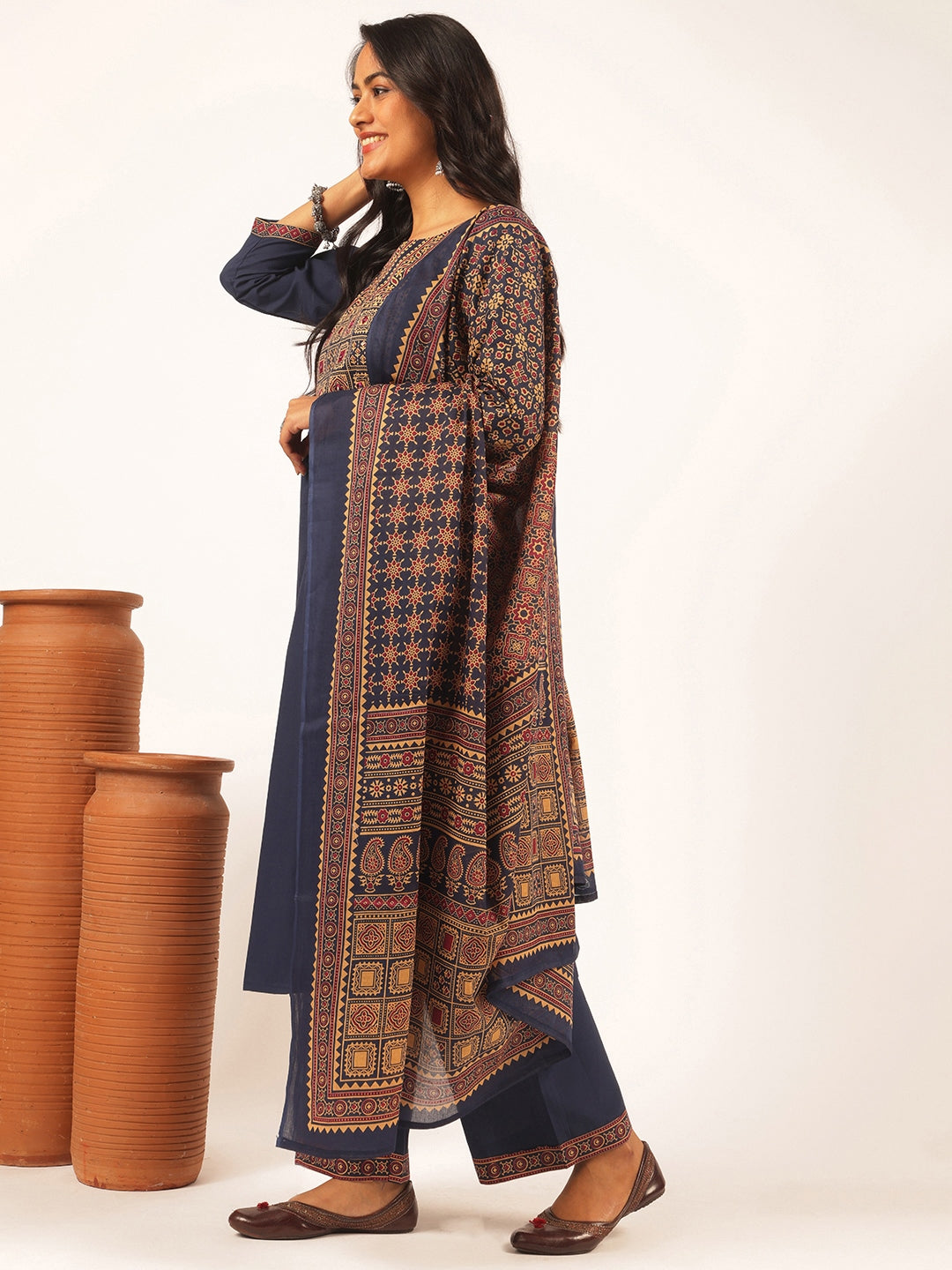 Navy Blue Cotton Solid Straight Kurta Set