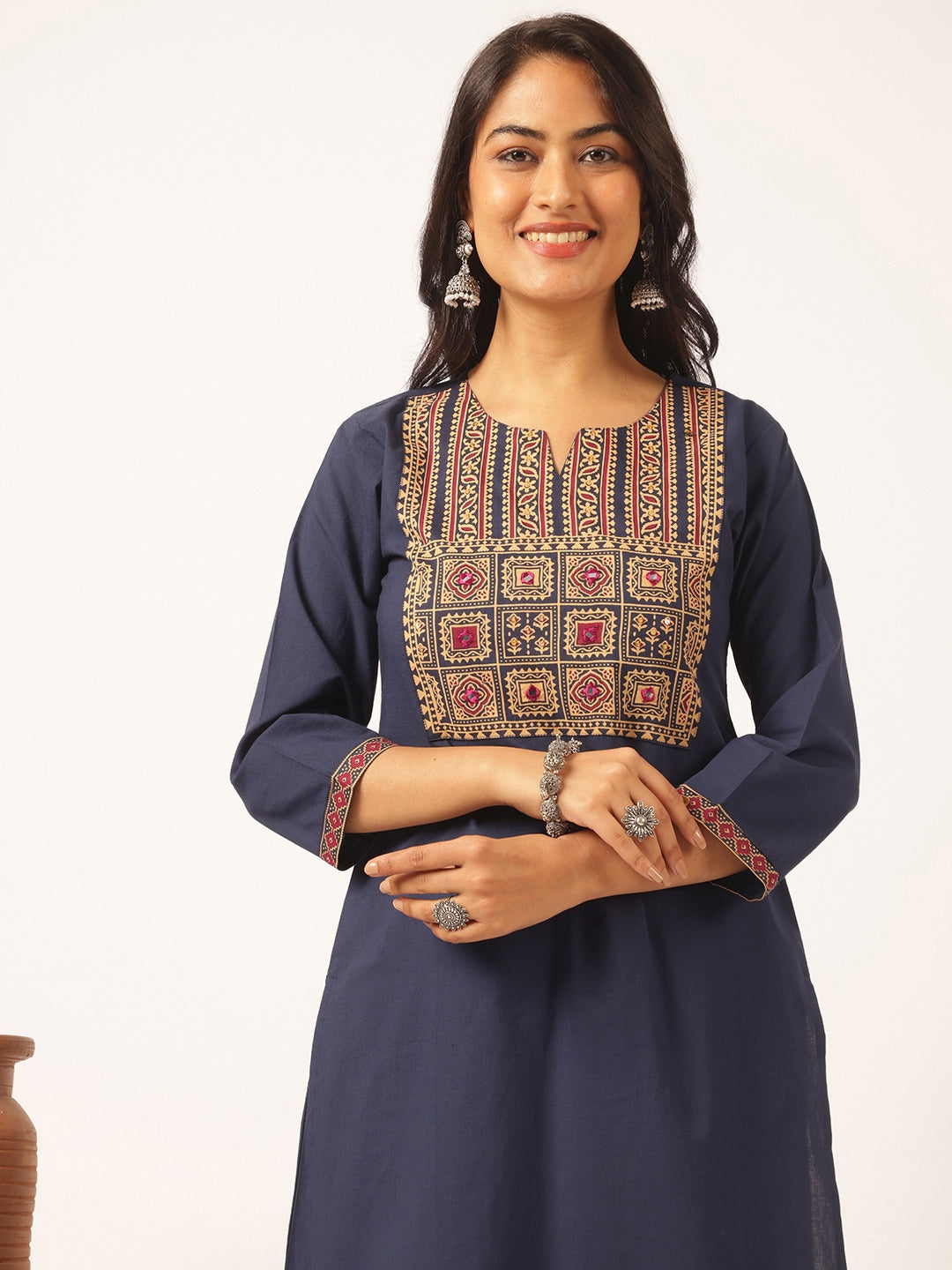 Navy Blue Cotton Solid Straight Kurta Set
