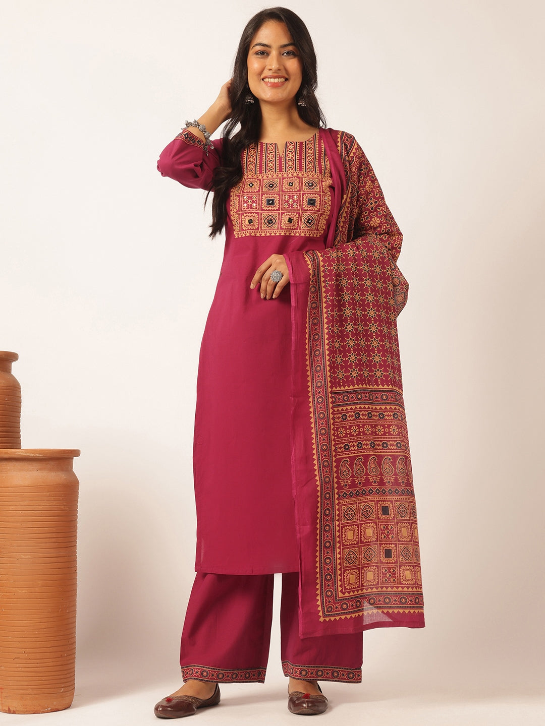 Magenta Cotton Solid Straight Kurta Set