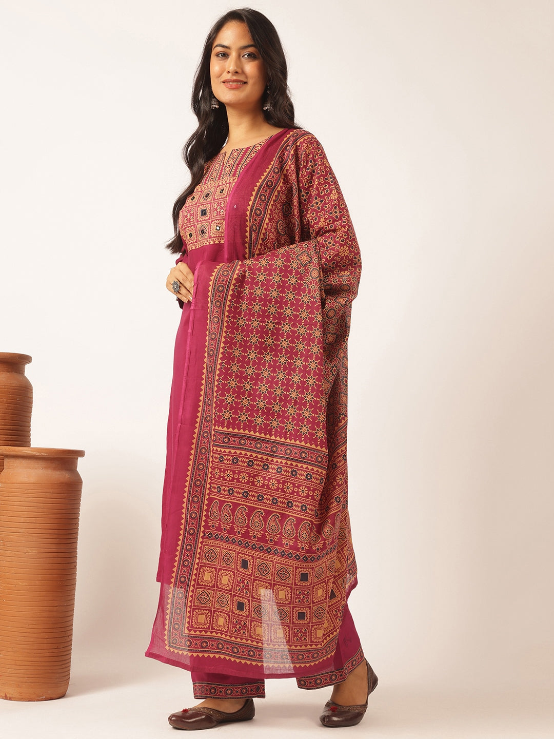 Magenta Cotton Solid Straight Kurta Set