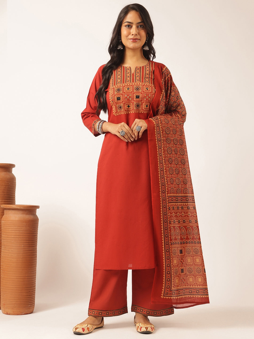Maroon Cotton Solid Straight Kurta Set