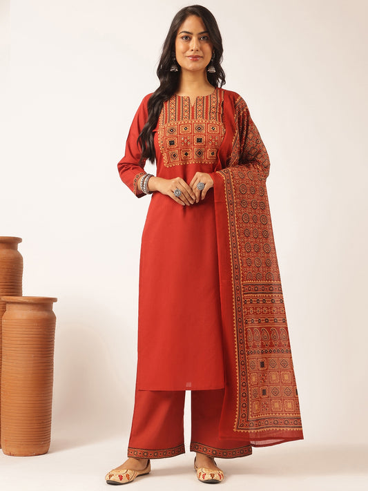 Maroon Cotton Solid Straight Kurta Set