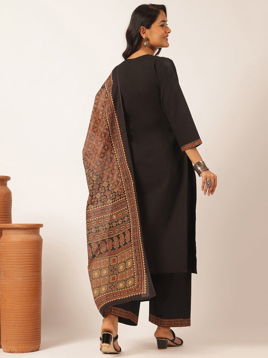 Black Cotton Solid Straight Kurta Set