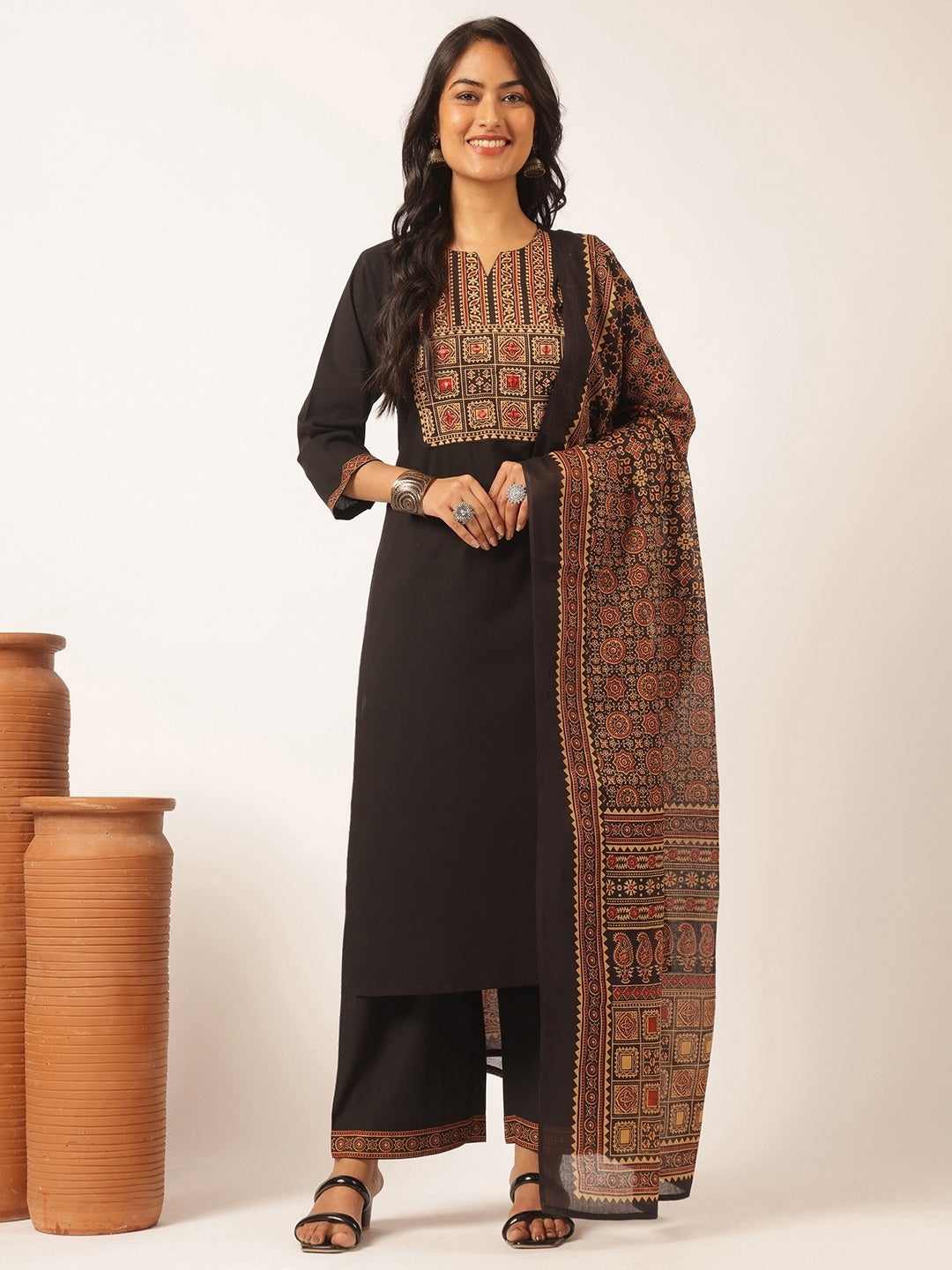 Black Cotton Solid Straight Kurta Set