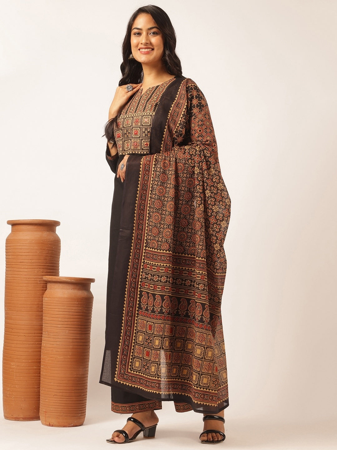 Black Cotton Solid Straight Kurta Set