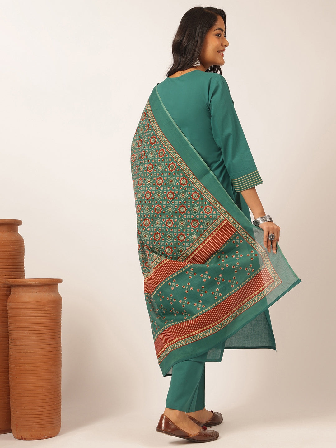 Peacock colour Cotton Solid Straight Kurta Set