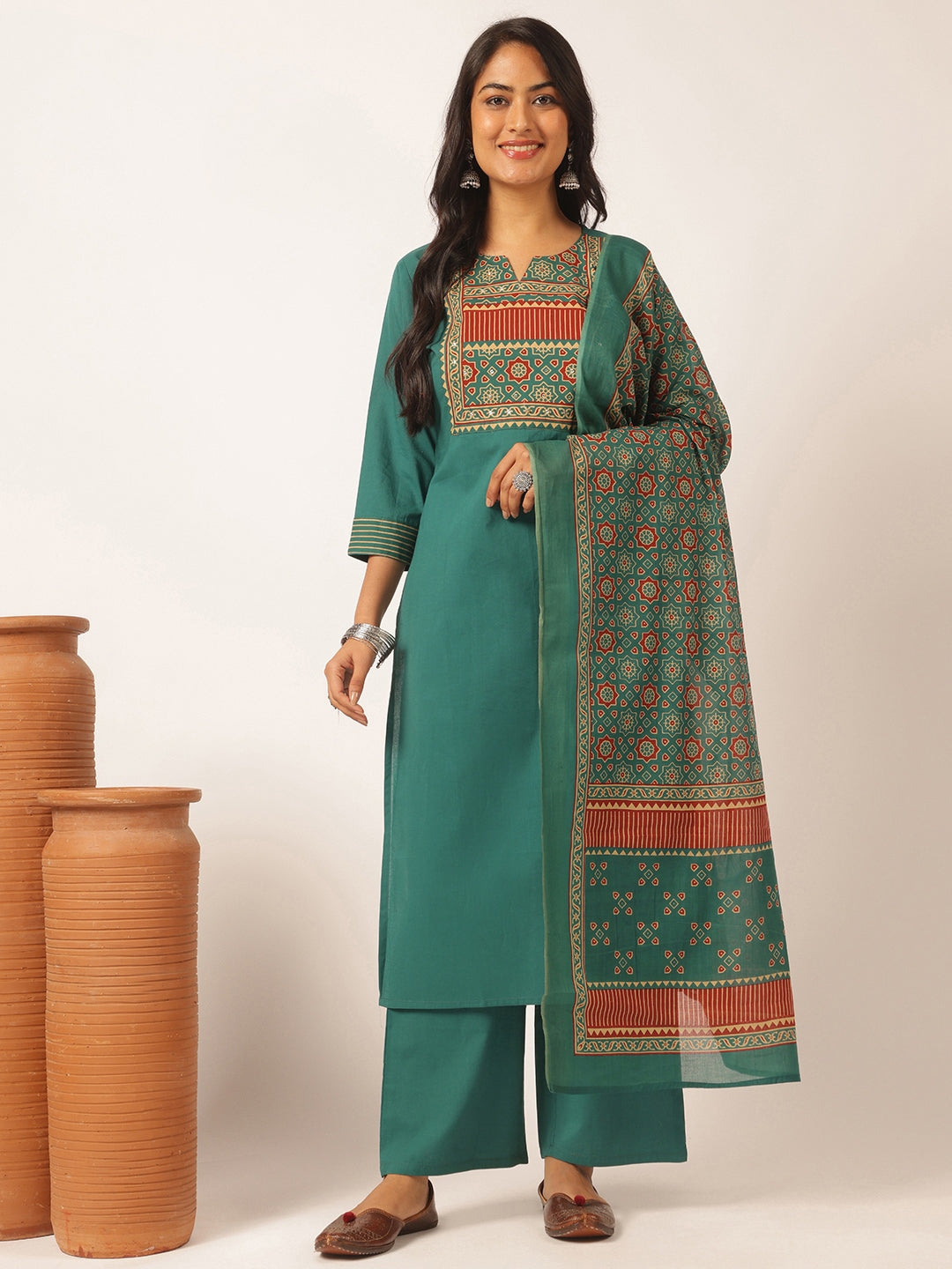 Peacock colour Cotton Solid Straight Kurta Set