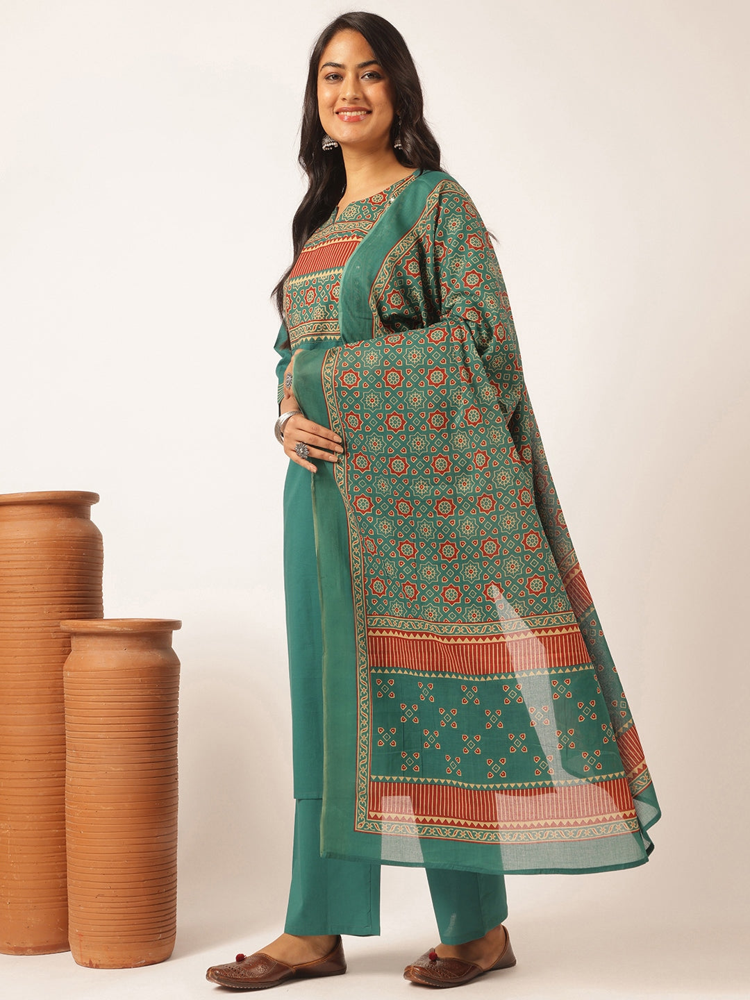 Peacock colour Cotton Solid Straight Kurta Set