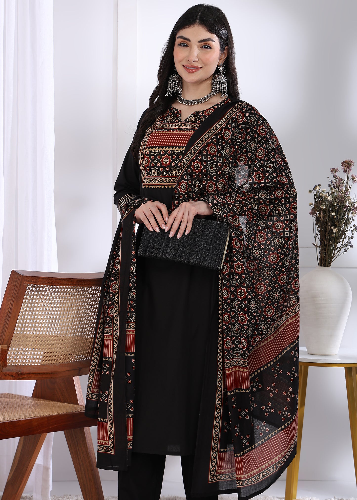 Black Solid (Printed Dupatta) Straight Cotton Stitched Kurta Set