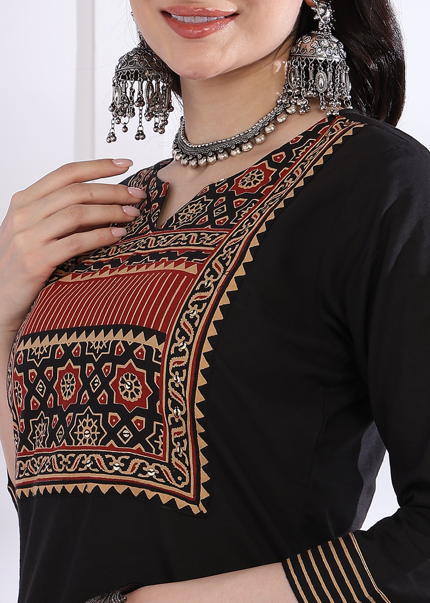Black Solid (Printed Dupatta) Straight Cotton Stitched Kurta Set