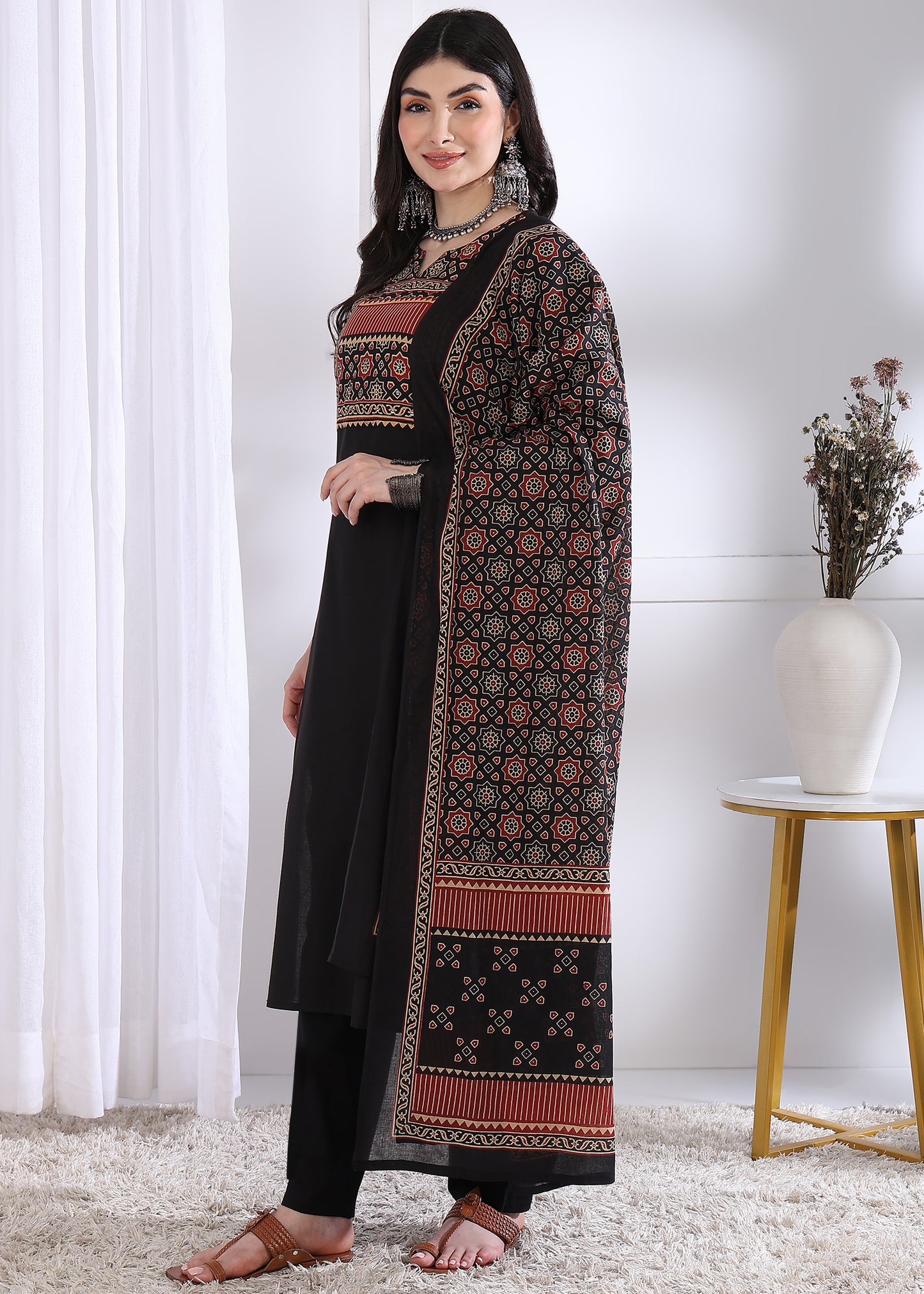 Black Solid (Printed Dupatta) Straight Cotton Stitched Kurta Set