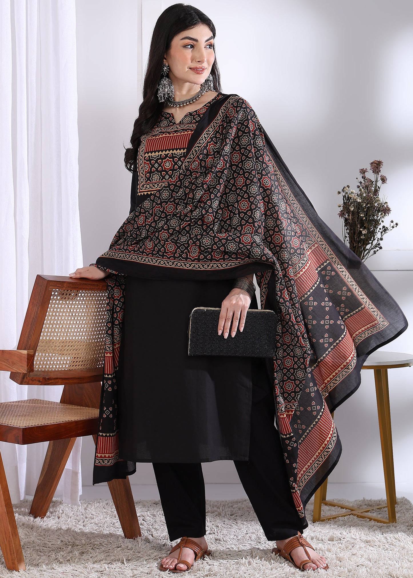 Black Solid (Printed Dupatta) Straight Cotton Stitched Kurta Set