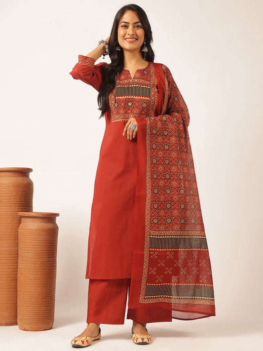 Maroon colour Cotton Solid Straight Kurta Set