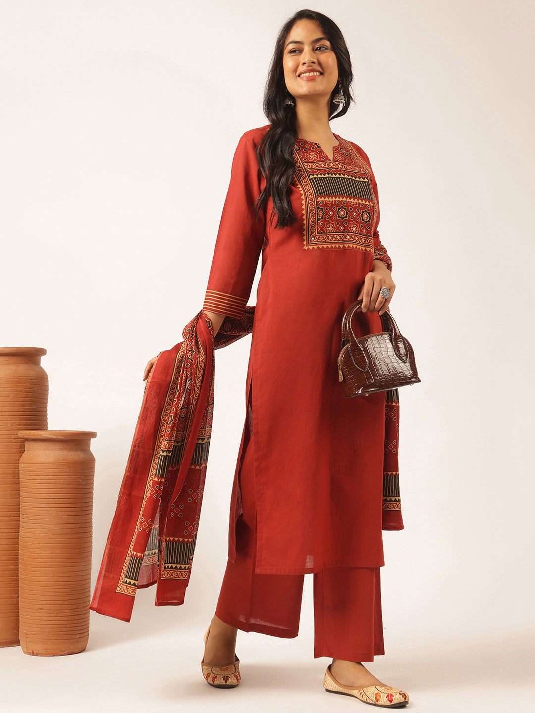 Maroon colour Cotton Solid Straight Kurta Set