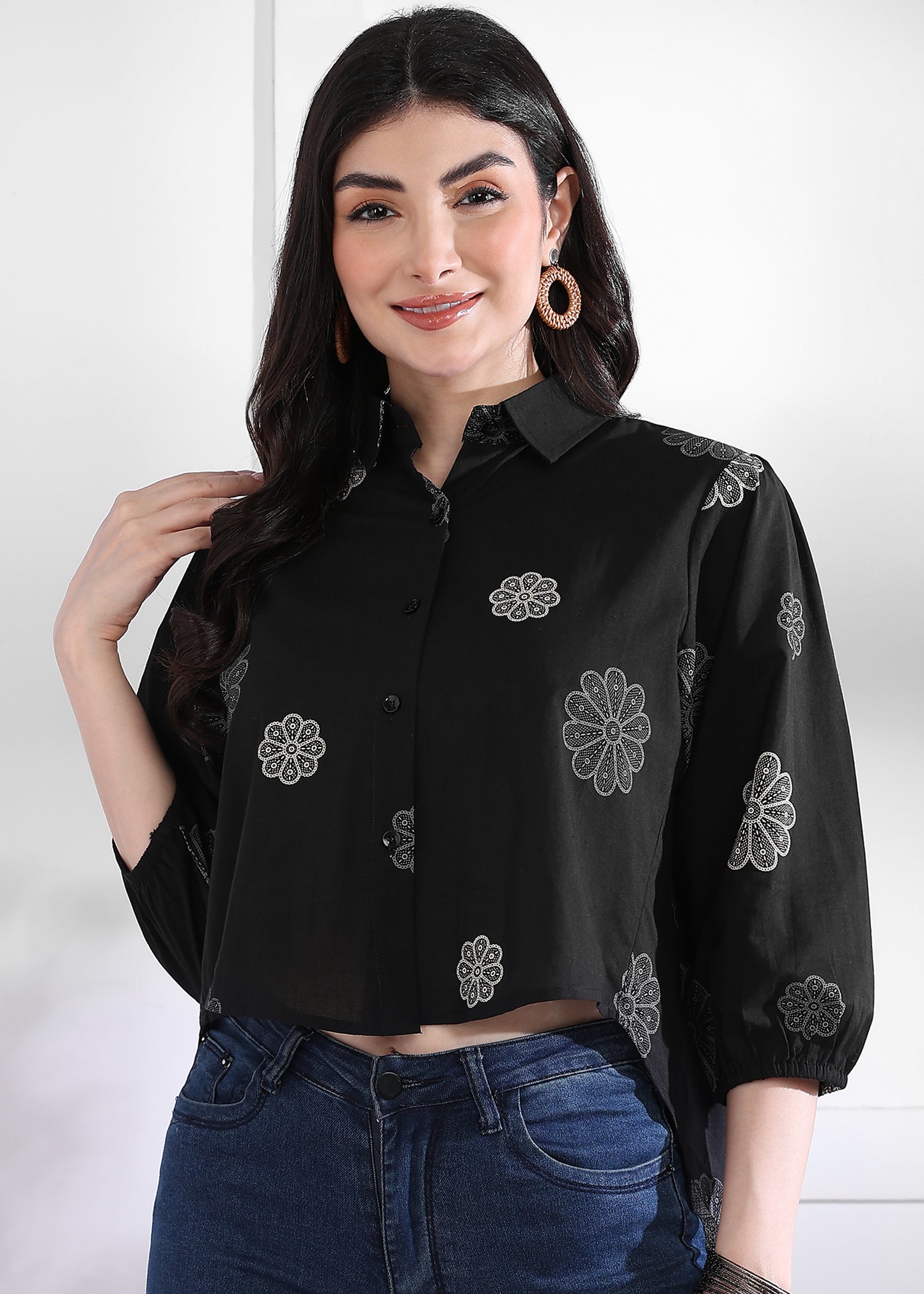 Black Floral Printed Up down Cotton Top